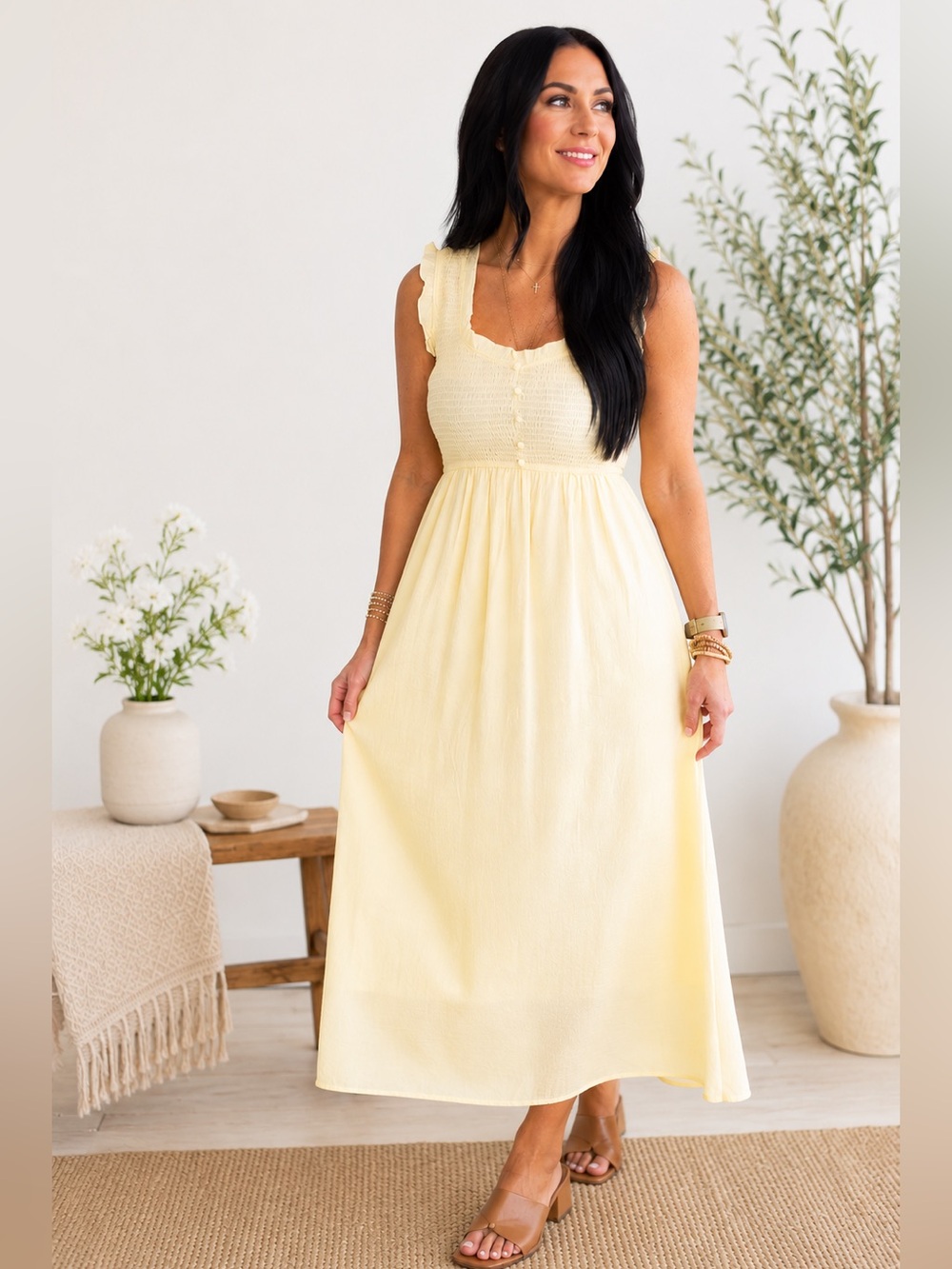 Blu Pepper Butter Yellow Smocked Midi Dress with Ruffle Straps